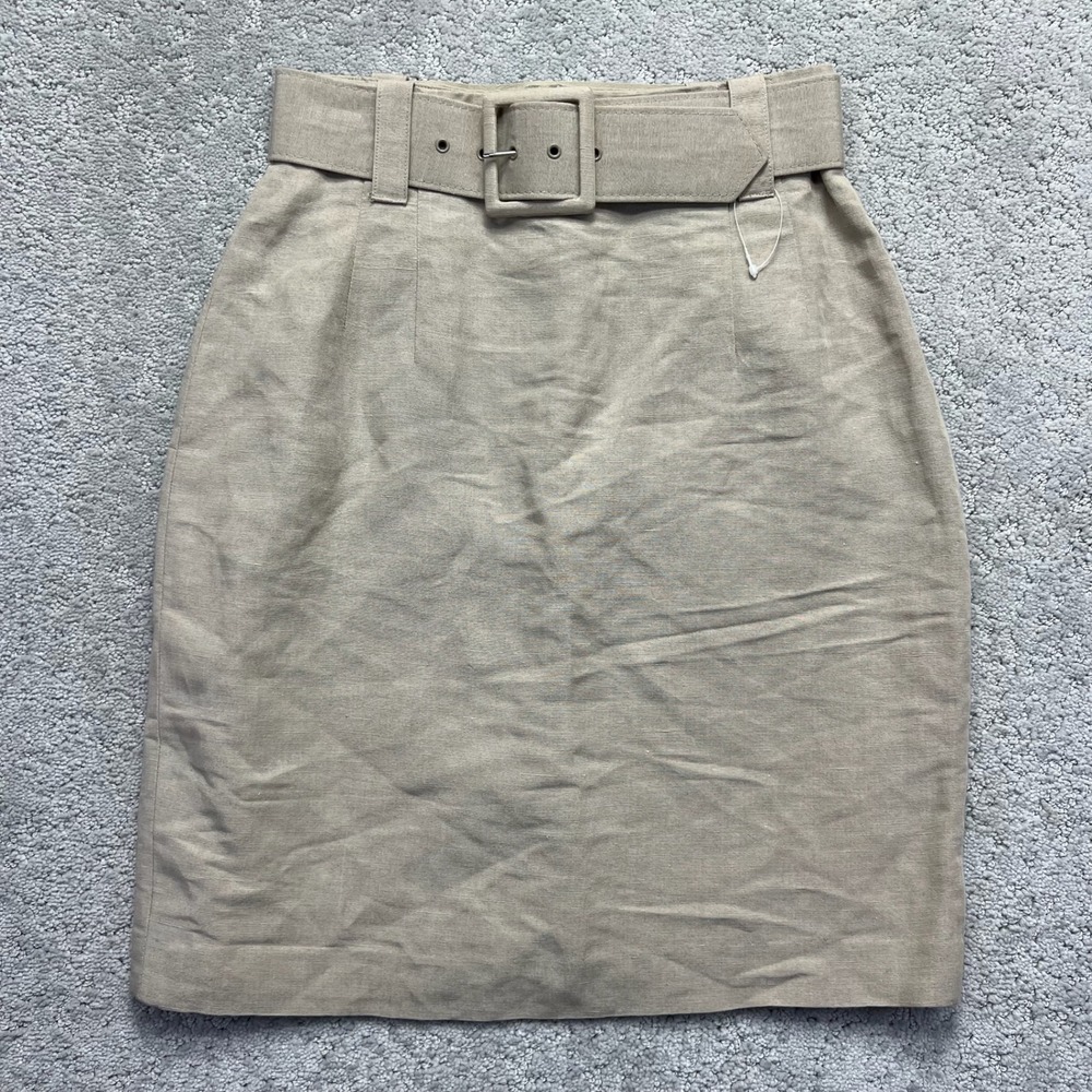 The Limited Pencil Skirt Womens 2 Khaki Tan Linen Blend Belted Neutral Office